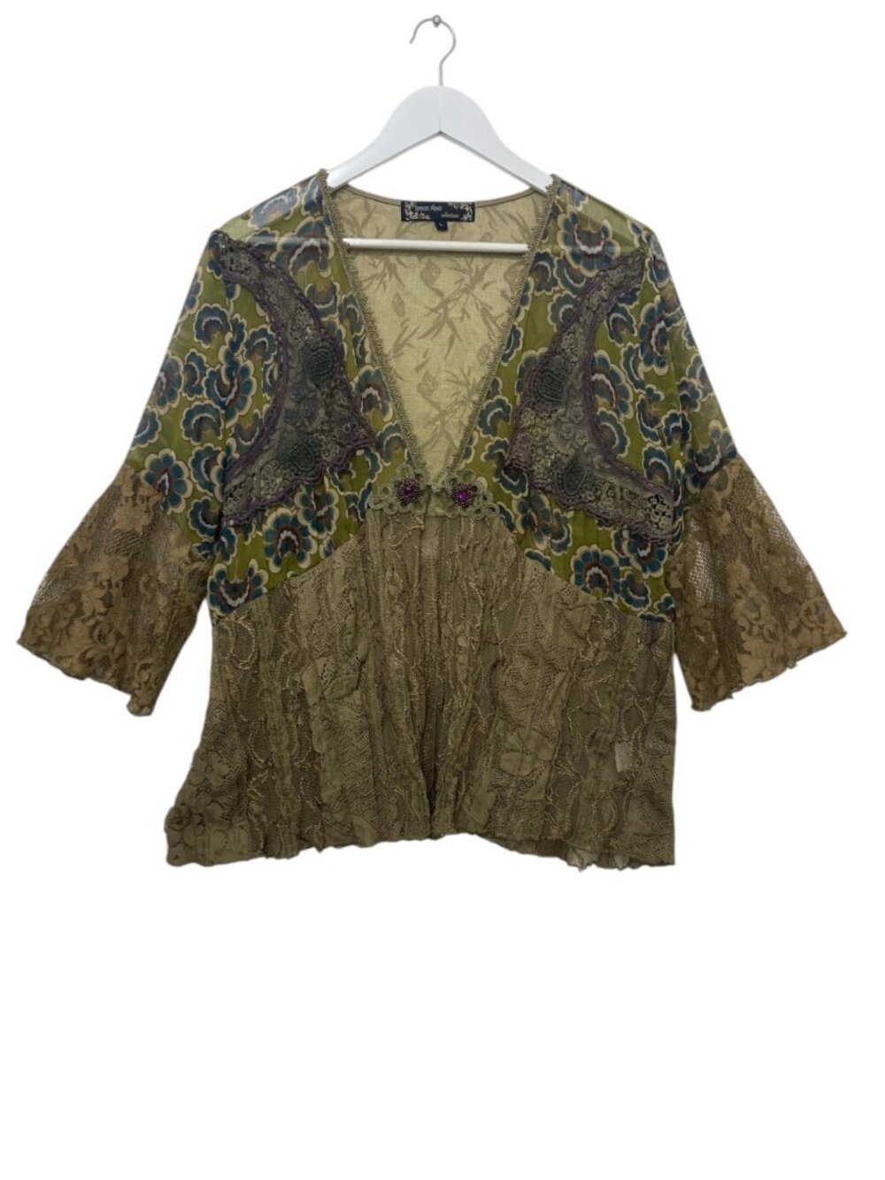 Spencer Alexis Vintage Olive Lace Mixed Media Art to Wear Top L